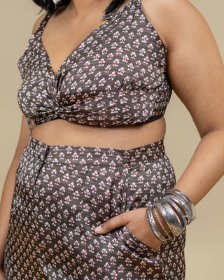 PHOOL floral silky twisted crop top